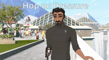 A Man With A Prosthetic Arm Is Standing In Front Of A Building That Says Hop On Pressure GIF