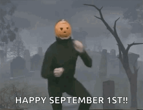 A Man With A Pumpkin Head Is Dancing In A Cemetery With The Words Happy September 1St Written Below Him GIF