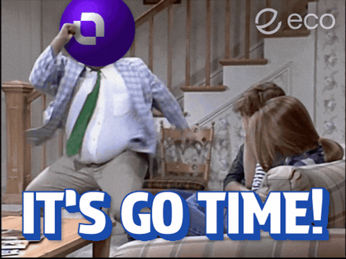 A Man With A Purple Ball On His Head And The Words " It 'S Go Time " GIF