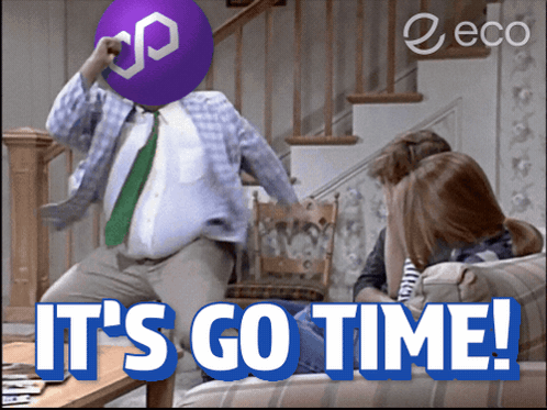 A Man With A Purple Ball On His Head And The Words " It 'S Go Time " GIF