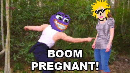 A Man With A Purple Mask Is Pointing At A Woman With The Words Boom Pregnant GIF
