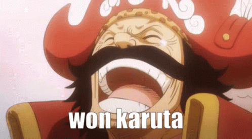 A Man With A Red Hat And Mustache Is Laughing With The Words Won Karuta Above Him GIF