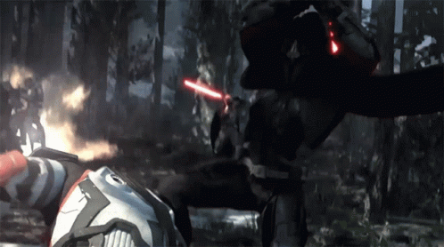 A Man With A Red Light Saber Is Fighting Another Man In A Video Game GIF