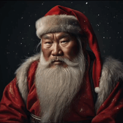 A Man With A Santa Hat And Beard Is Looking At The Camera GIF