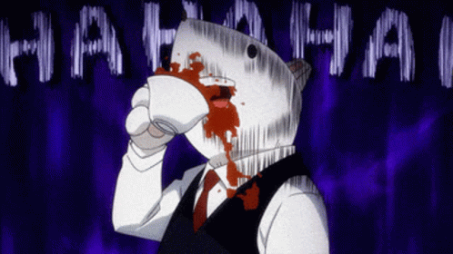 A Man With A Shark Head Is Drinking From A Cup With Blood Coming Out Of His Nose GIF