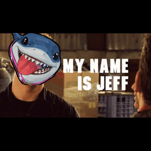 A Man With A Shark On His Head And The Words " My Name Is Jeff " Behind Him GIF