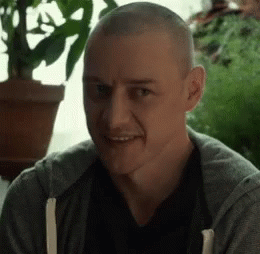 A Man With A Shaved Head Is Smiling And Looking At The Camera While Sitting In Front Of A Potted Plant . GIF