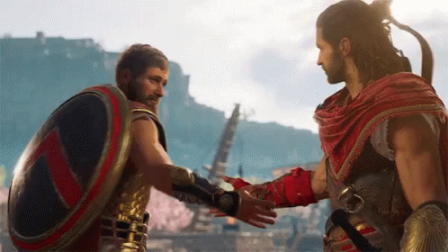 A Man With A Shield Shakes Hands With Another Man In A Red Robe GIF