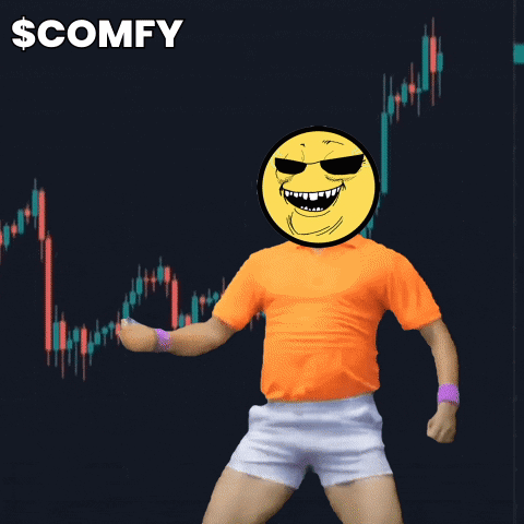 a man with a smiley face on his head is dancing in front of a stock chart that says $comfy