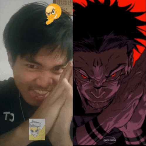 A Man With A Smiley Face On His Head Next To A Picture Of A Cartoon Character GIF