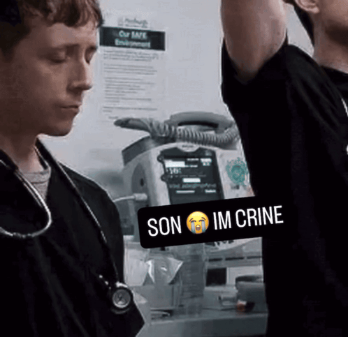A Man With A Stethoscope Around His Neck Has A Son Im Crine Sticker On His Chest GIF