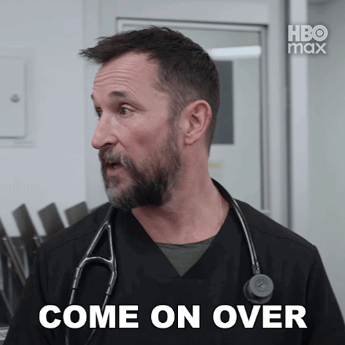 a man with a stethoscope around his neck has the word come on over above him