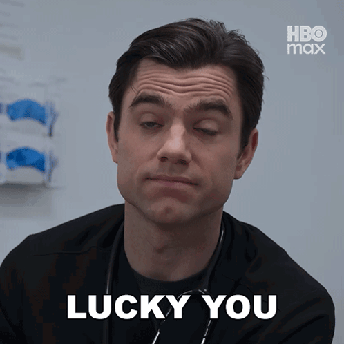 A Man With A Stethoscope Around His Neck Says " Lucky You " In Front Of Him GIF