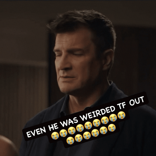 A Man With A Sticker That Says " Even He Was Weirded Tf Out " On It GIF