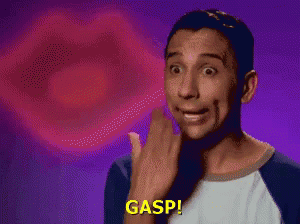a man with a surprised look on his face and the word gasp in yellow