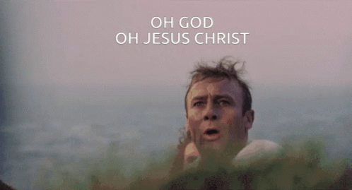 A Man With A Surprised Look On His Face And The Words Oh God Oh Jesus Christ Behind Him GIF