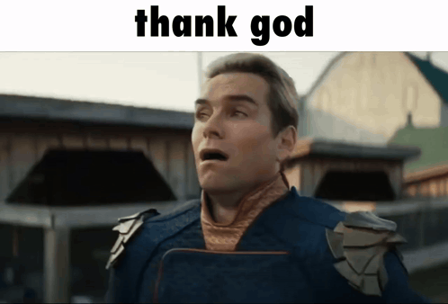 A Man With A Surprised Look On His Face Is Next To A Thank God Sign GIF
