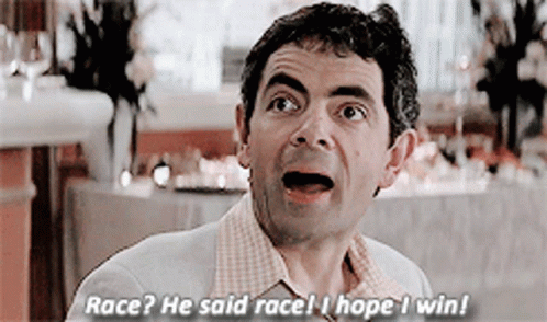A Man With A Surprised Look On His Face Is Saying Race He Said Race I Hope I Win GIF