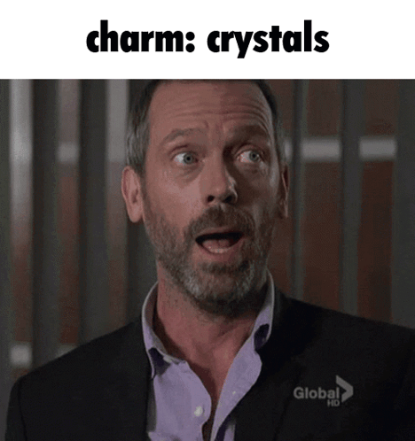 A Man With A Surprised Look On His Face With The Words Charm Crystals Below Him GIF