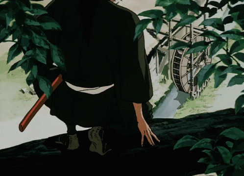 A Man With A Sword Is Kneeling Down In Front Of A Water Mill GIF
