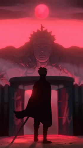 A Man With A Sword Is Standing In Front Of A Statue With A Red Moon In The Background GIF