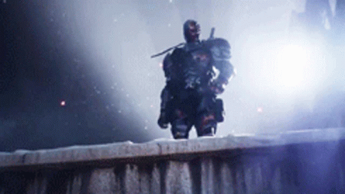 A Man With A Sword Is Standing On A Wall GIF