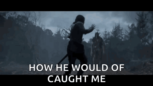 A Man With A Sword Is Walking Through A Forest With The Words `` How He Would Of Caught Me '' Written On The Screen GIF