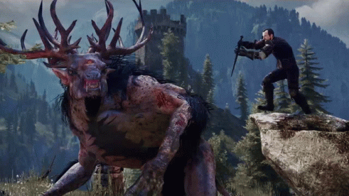 A Man With A Sword Standing Next To A Monster GIF