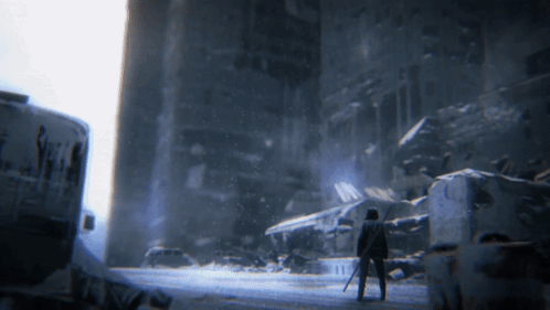 A Man With A Sword Stands In Front Of A Building That Says ' A ' On The Side GIF