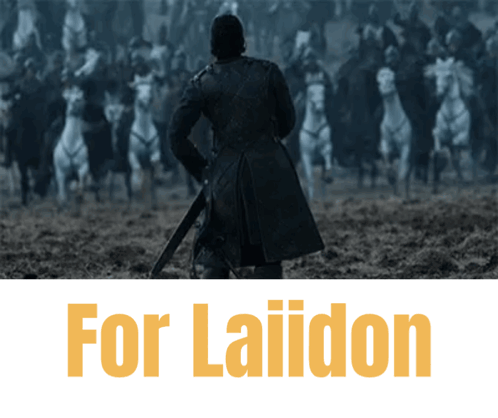 A Man With A Sword Stands In Front Of A Crowd Of Horses With The Words " For Laiidon " Below Him GIF