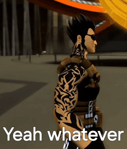 A Man With A Tattoo On His Arm Is Standing Next To A Sign That Says " Yeah Whatever " GIF