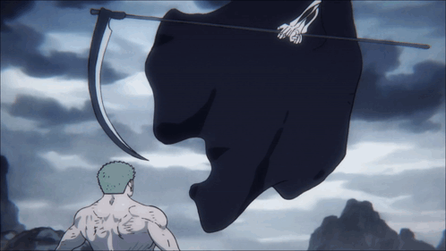 A Man With A Tattoo On His Back Stands In Front Of A Scythe GIF