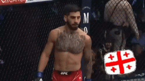 A Man With A Tattoo On His Chest Is Standing In A Cage Wearing A Pair Of Ufc Shorts . GIF