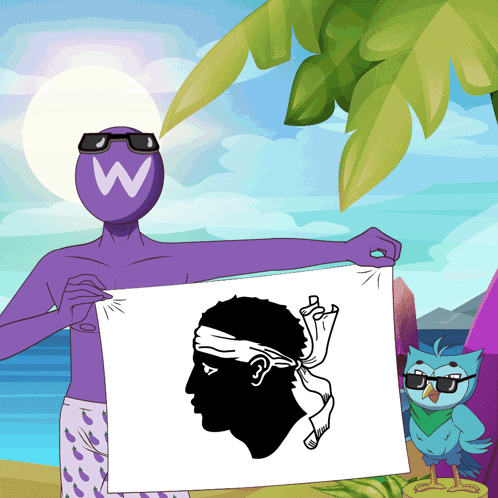 a man with a w on his head holds up a flag