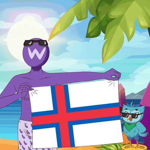 A Man With A W On His Head Is Holding A Flag On A Beach GIF