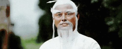 A Man With A White Wig And Beard Is Standing In Front Of A Forest . GIF
