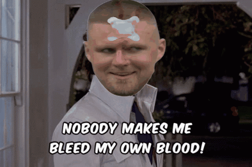 A Man With A White X On His Forehead Says " Nobody Makes Me Bleed My Own Blood ! " GIF