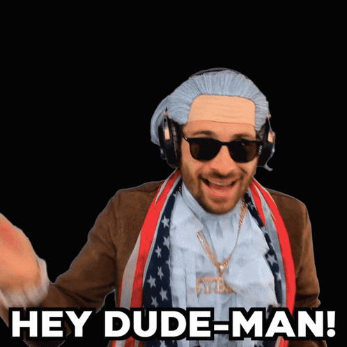 A Man With A Wig And Sunglasses Says Hey Dude-Man GIF