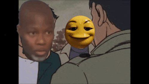 A Man With A Yellow Smiley Face On His Face Talks To Another Man GIF