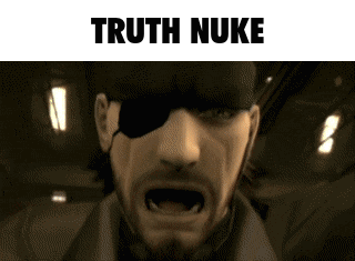 A Man With An Eye Patch Is Screaming With The Words " Truth Nuke " Below Him GIF