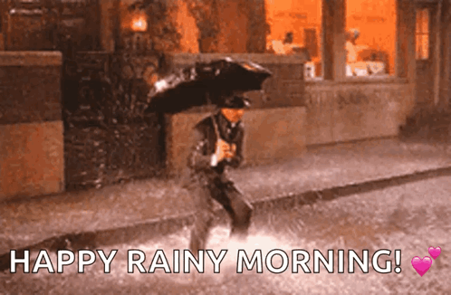 A Man With An Umbrella Is Jumping In The Rain With The Words Happy Rainy Morning GIF