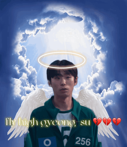 A Man With Angel Wings And The Words Fly High Gyeong Su Below Him GIF