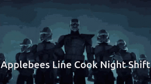 A Man With Binoculars On His Head With The Words Applebees Line Cook Night Shift Above Him GIF