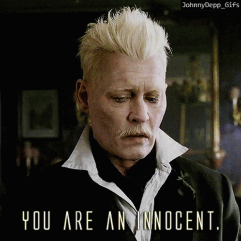 A Man With Blonde Hair And A Mustache Says " You Are An Innocent " GIF