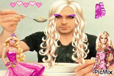 A Man With Blonde Hair Is Holding A Spoon In Front Of A Bowl Of Cereal Next To A Barbie Doll GIF