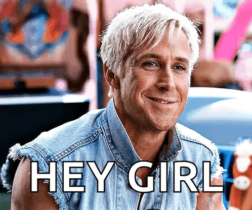 A Man With Blonde Hair Is Wearing A Denim Vest And Says Hey Girl . GIF