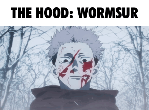 A Man With Blood On His Face And The Words " The Hood Wormsur " Below Him GIF