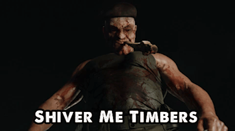 A Man With Blood On His Shirt Is Holding A Hammer And The Words Shiver Me Timbers Are Above Him GIF