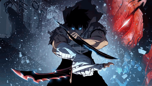 A Man With Blue Eyes Is Holding A Sword In Front Of A Red Monster GIF