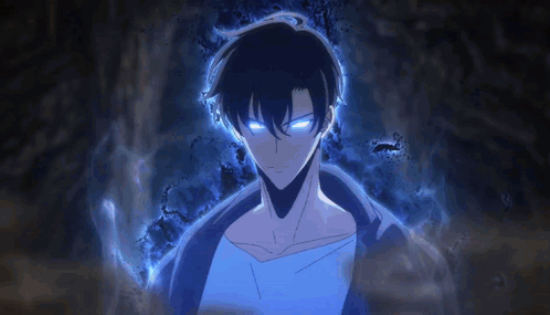 A Man With Blue Eyes Is Standing In The Dark With A Glowing Aura Around Him . GIF